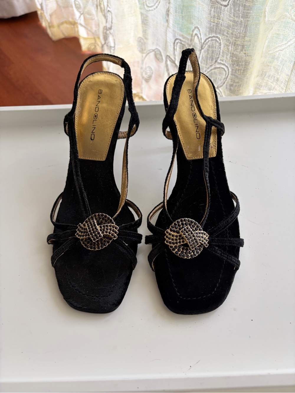 Bandolino Black Suede Slingback Heels with Gold Medallion